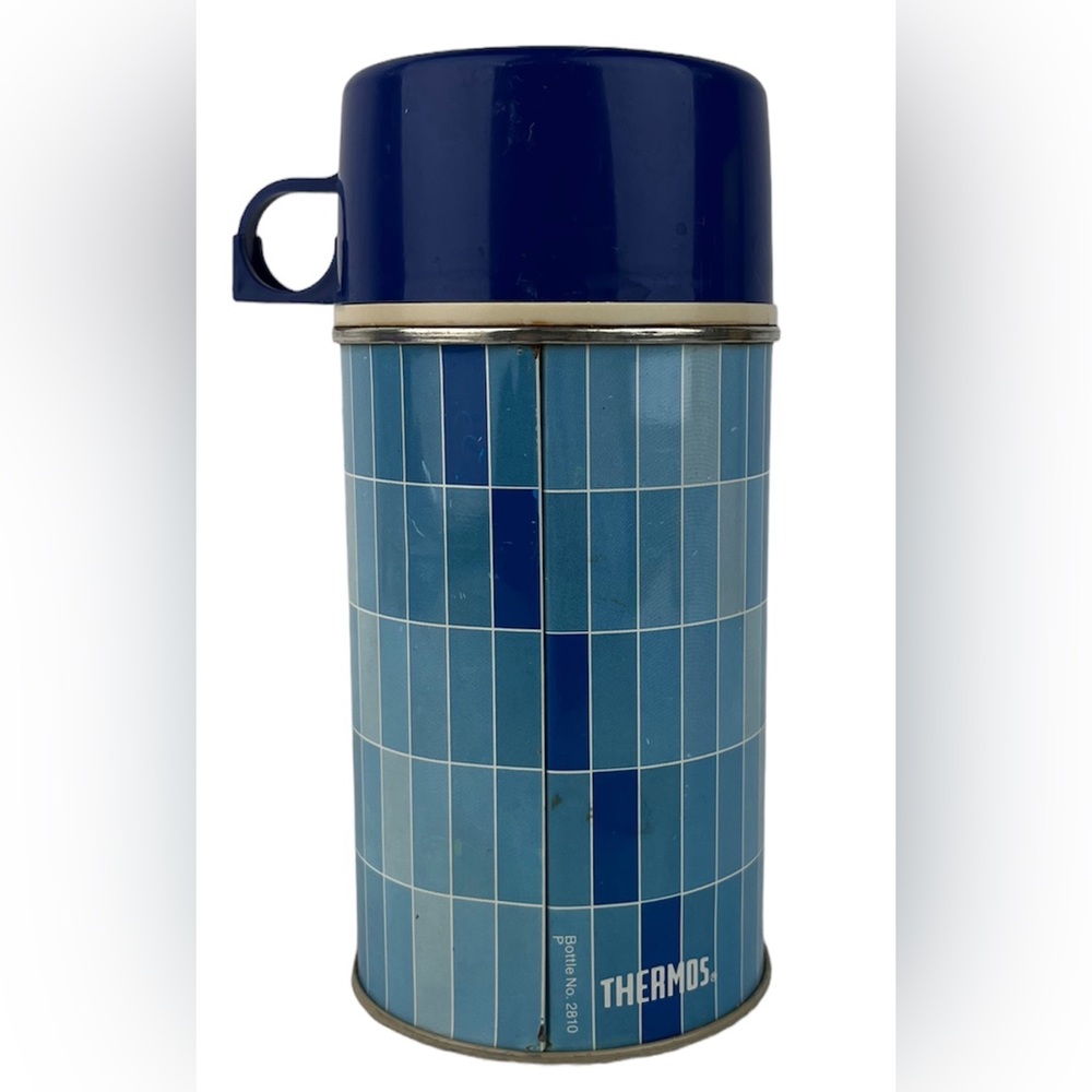 Vintage Blue Checkered Geometric Pattern Small Soup Coffee THERMOS King-Seeley